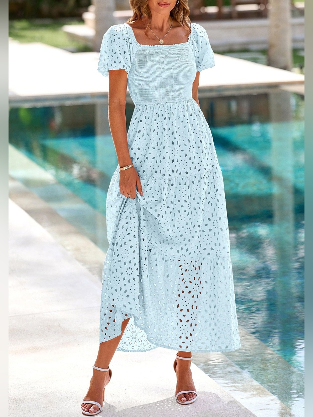 Cottagecore PrettyGarden Modest Eyelet Maxi Dress Square Neck Puff Sleeves Blue
